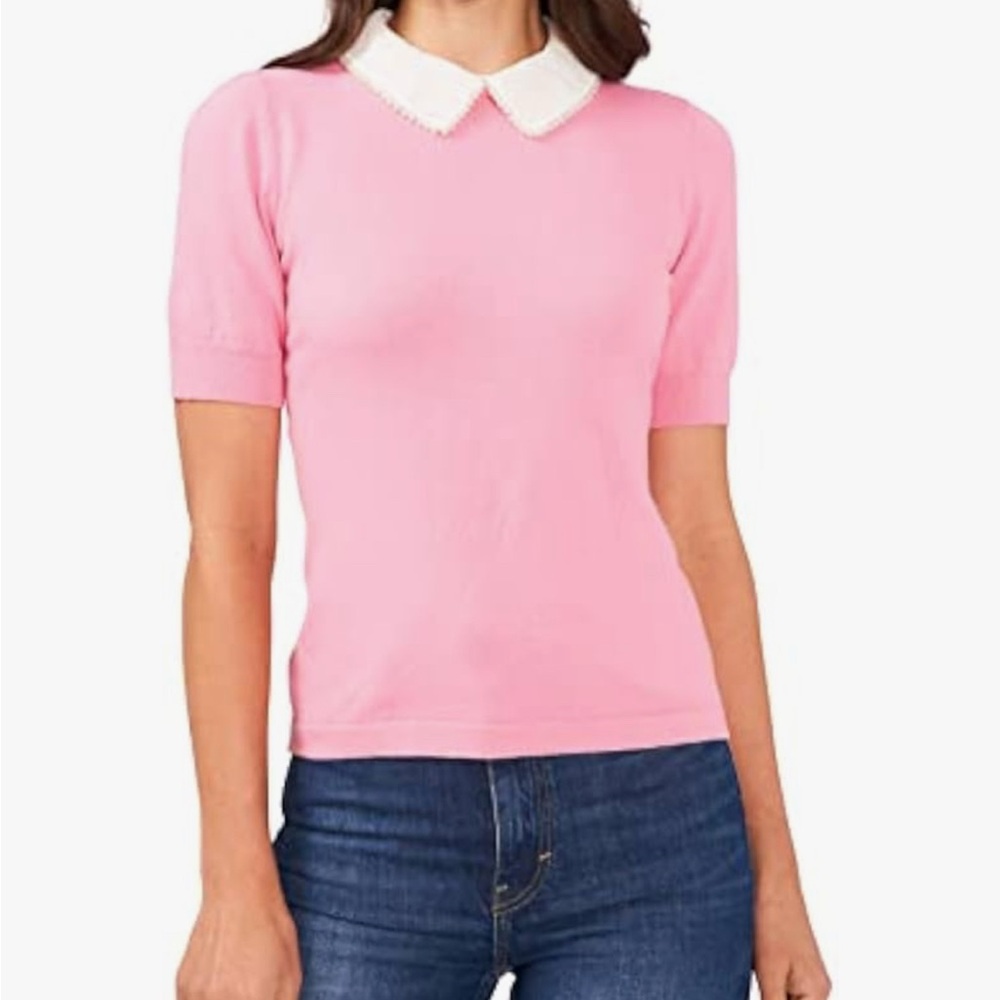 CeCe Pink Top with White Pearl-Trimmed Collar